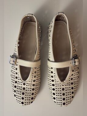 AREZZO Women’s Cream Laser-Cut Mary Jane Flats with Buckle Strap
